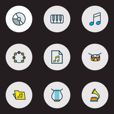 Müzik simgeler satır kümesi ile piyano, davul, klasör ve diğer liste öğelerine renkte. İzole illüstrasyon müzik simgeleri.
