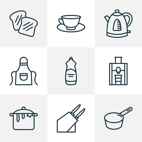 Conjunto de iconos de cocina estilo línea con taza de té, delantal, sartén de salsa y otros elementos del utensilio. Iconos de cocina de ilustración aislada . — Foto de Stock