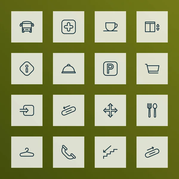Informační ikony čáry styl volání, výtah, parkovací znak a další prvky telefonu. Izolované ilustrace informační ikony. — Stock fotografie