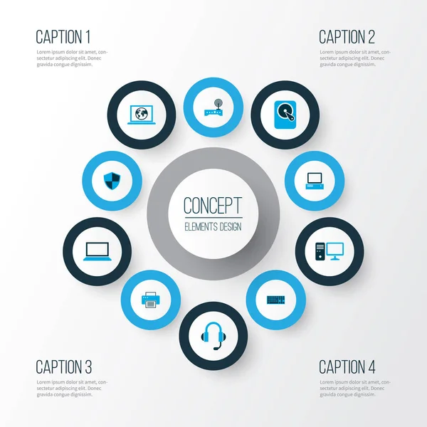 Ensemble d'icônes matérielles colorées avec clavier, disque dur, écouteurs et autres éléments winchester. Isolé icônes matériel d'illustration . — Photo