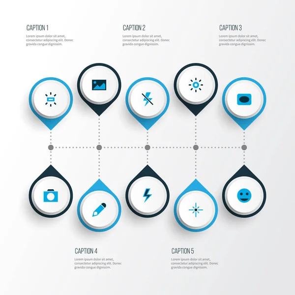 Ícones de imagem colorido conjunto com vinheta, relâmpago, flash off e outros elementos de brilho. Ícones de imagem ilustração isolados . — Fotografia de Stock
