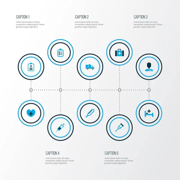 의학 치료, 목 발, 심장 및 다른 구급차 요소 아이콘 색된 집합입니다. 고립 된 그림 의학 아이콘. — 스톡 사진