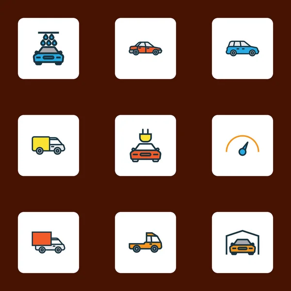 Automobil-Symbole farbige Linienführung mit Frequenzweiche, Tesla, Limousine und anderen Speed-Elementen. isolierte Illustration Automobil-Ikonen. — Stockfoto