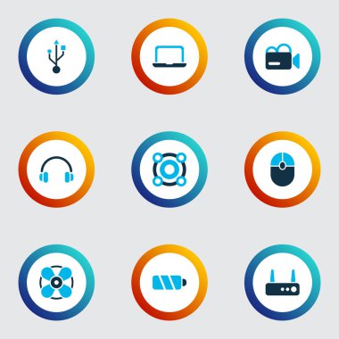 Gadget'ı simgeler kümesi kulaklık, usb, yönlendirici ve diğer wifi öğeleri ile renkli. İzole vektör çizim aracı simgeler.