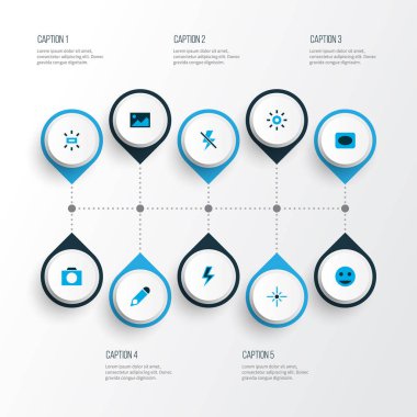 Skeç, yıldırım, Flaşı kapatın ve diğer parlaklık öğeleri kümesiyle renkli fotoğraf simgeler. İzole vektör çizim fotoğraf simgeler.