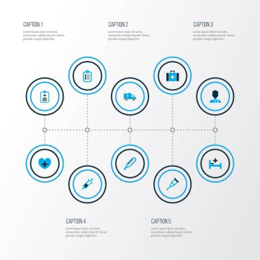 Antibiyotik simgeler kümesi şifacı, koltuk değneği, kalp ve diğer ambulans öğeleri ile renkli. İzole vektör çizim antibiyotik simgeler.