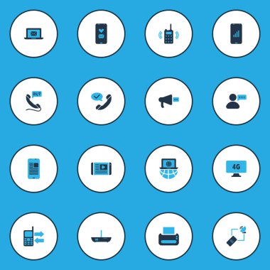 Telekomünikasyon simgeler aşk mesajı, boynuz, mobil şebeke ve diğer kalp mektup öğeleri kümesi renkte. İzole vektör çizim telekomünikasyon simgeler.