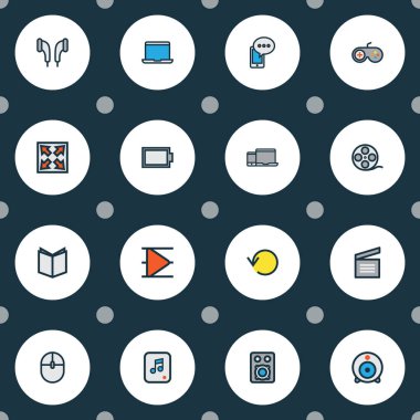 Medya simgeleri renkli çizgi bilgisayar fare, ders kitabı, manevra kolu ve diğer Klaket ile öğeleri ayarlayın. İzole vektör çizim medya simgeler.