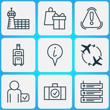 Yolcu, ünlem tehlike, tatil hediye ve öğeleri bina diğer Havaalanı ulaşım Icons set. İzole vektör çizim ulaşım simgeler.