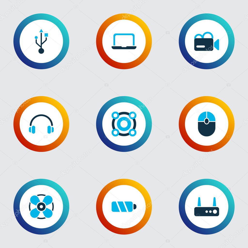 Gadget icons colored set with headphone, usb, router and other wifi elements. Isolated vector illustration gadget icons.