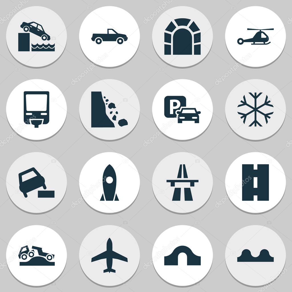 Transport icons set with hump bridge, dangerous, pickup and other vehicle elements. Isolated vector illustration transport icons.