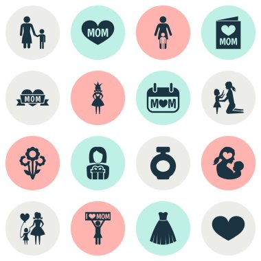 Anneler günü simgesi tasarım konsepti. Kadın, çocuk ve kadın 16 gibi öğeleri kümesi. Anne, kalp ve sevgi için güzel sembolleri.