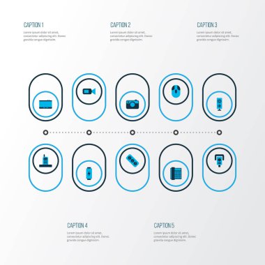 Donanım simgeleri pil, tablet, video kamera ve diğer video kamera öğeleri kümesiyle renkli. İzole illüstrasyon donanım simgeleri.