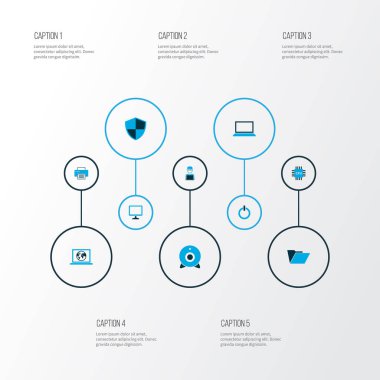 Bilgisayar simgeleri adam dizüstü bilgisayar, monitör ve yazdırma diğer öğelerle birlikte laptop ile set renkli. İzole illüstrasyon bilgisayar simgeler.