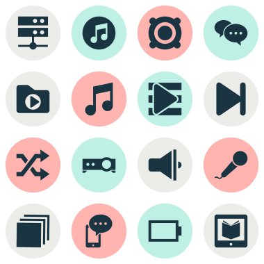 Multimedya simgeler ile hoparlör seti, çalma listesi, shuffle ve diğer öğeleri rasgele. İzole illüstrasyon multimedya simgeler.