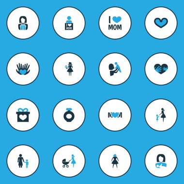 Anneler günü simgesi renkli tasarım konsepti. Şu, avuç içi ve Bayan 16 gibi öğeleri kümesi. Anne, sevgi ve kalp için güzel sembolleri.