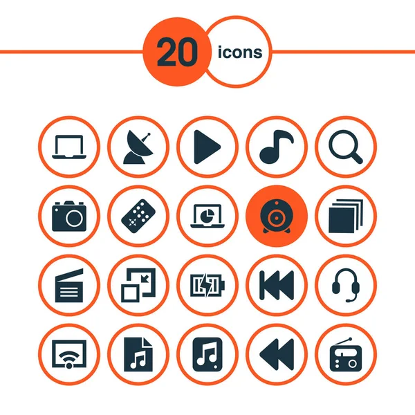 Music icons set with laptop, earphone, charging and other playlist elements. Isolated  illustration music icons.