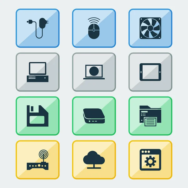 コントロール デバイスとデバイス ・ アイコンの設定、タブレット、フロッピー ディスク、その他プラグ要素。隔離された図のデバイス アイコン. — ストック写真