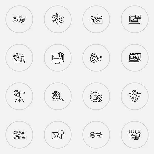 Search icons line style set with top keywords, global solution, geo targeting and other advertisement elements. Isolated  illustration search icons. — Stock Photo, Image