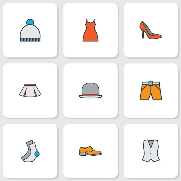 Clothes icons colored line set with waistcoat, mini, gown and other shorts elements. Isolated  illustration clothes icons.