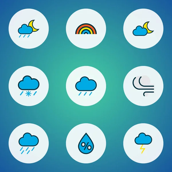 Iconos del clima línea de colores con golpe de trueno, helada, rayo de luna y otros elementos del arco iris. Iconos de clima de ilustración aislada . — Foto de Stock