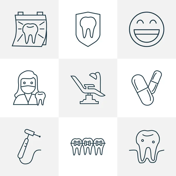 Tooth icons line style set with drill, dentist day, braces and other calendar elements. Isolated  illustration tooth icons.