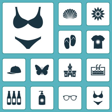 Güneş kremi, t-shirt, bira ve diğer hükümdar öğeleri ile sezon Icons set. İzole vektör çizim sezon simgeler.