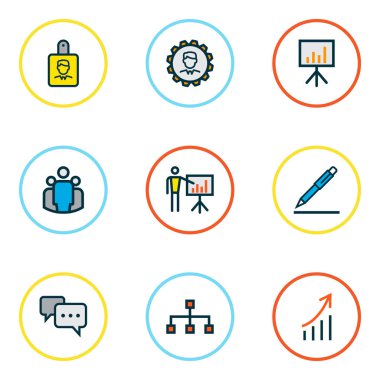 İş ikonları/simgeleri satır kümesi kimlik kartı, finansal veri, yorum ve diğer yönetici öğeleri ile renkli. İzole vektör illüstrasyon iş ikonları/simgeleri.