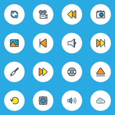 Geri sarma ile Ayarla satır renkli multimedya simgeler eşitlemek, kamera ve diğer ileri öğeleri. İzole vektör çizim multimedya simgeler.