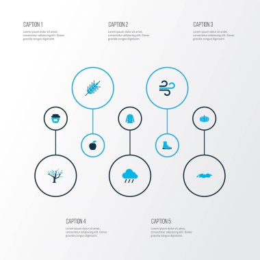 Sezon simgeler kümesi yağmur, Rüzgar, ağaç ve diğer ayakkabı öğeleri ile renkli. İzole vektör çizim sezon simgeler.