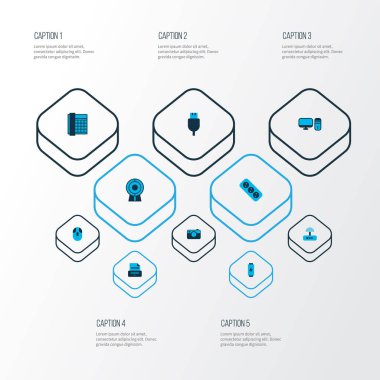 Donanım simgeleri Pc, web kamera, yazıcı ve diğer bilgisayar öğeleri kümesiyle renkli. İzole vektör çizim donanım simgeleri.