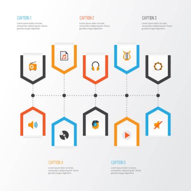 Düz stil kümesi kulaklık ile müzik simgeleri başlar, samba ve diğer ses öğeleri. İzole vektör illüstrasyon müzik simgeleri.