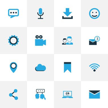 Video kamera, arkadaşları, diyalog ve diğer arkadaşlar öğeleri ile Internet simgeleri renkli kümesi. İzole vektör çizim Internet simgeleri.
