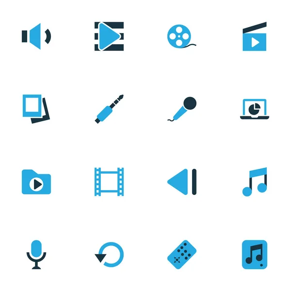 Multimedia icons colored set with replay, slow backward, clapperboard and other audio elements. Isolated vector illustration multimedia icons.