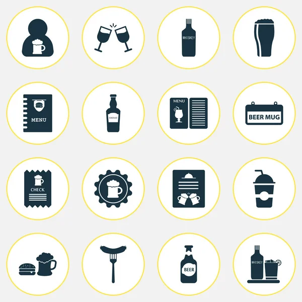 Conjunto de iconos de bebida con insignia, botella de cerveza, camarero y otros elementos alcohólicos. Iconos de bebidas de ilustración vectorial aislado . — Archivo Imágenes Vectoriales