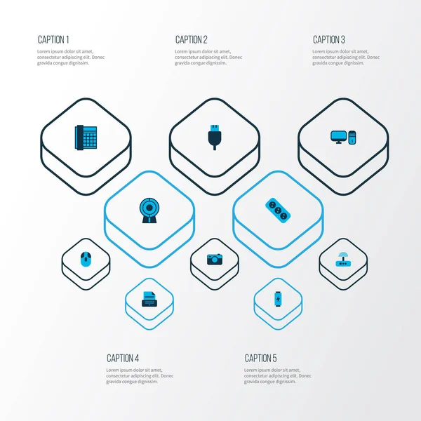 硬件图标设置与 pc, 网络摄像头, 打印机和其他计算机元素。独立的插图硬件图标. — 图库照片