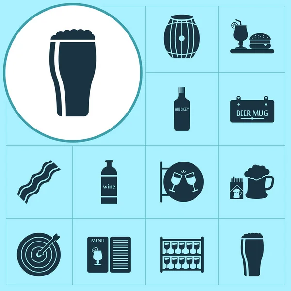 Drink icons set with drink menu, beer with cigarettes, bottle of wine and other cabernet elements. Isolated  illustration drink icons.