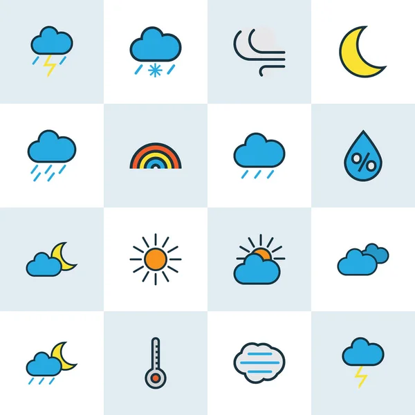 Iconos del clima línea de colores con medianoche, helada, día nublado y otros elementos de sol. Iconos de clima de ilustración aislada . —  Fotos de Stock