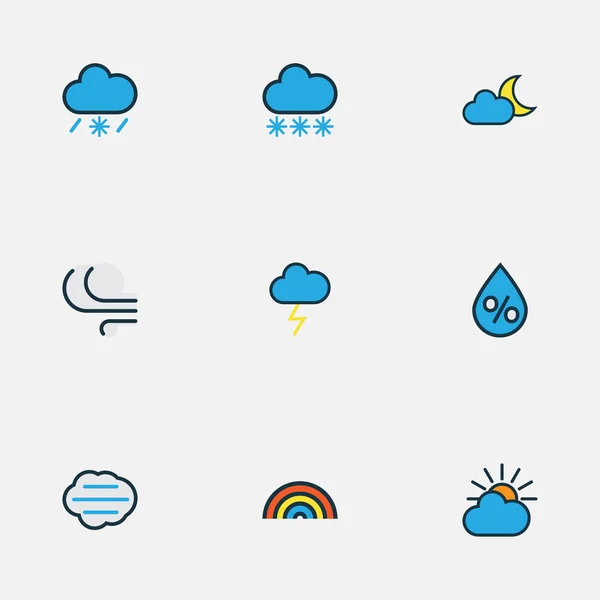 Iconos climáticos línea de colores con helada, golpe de trueno, por ciento y otros elementos de nieve. Iconos de clima de ilustración aislada . — Foto de Stock