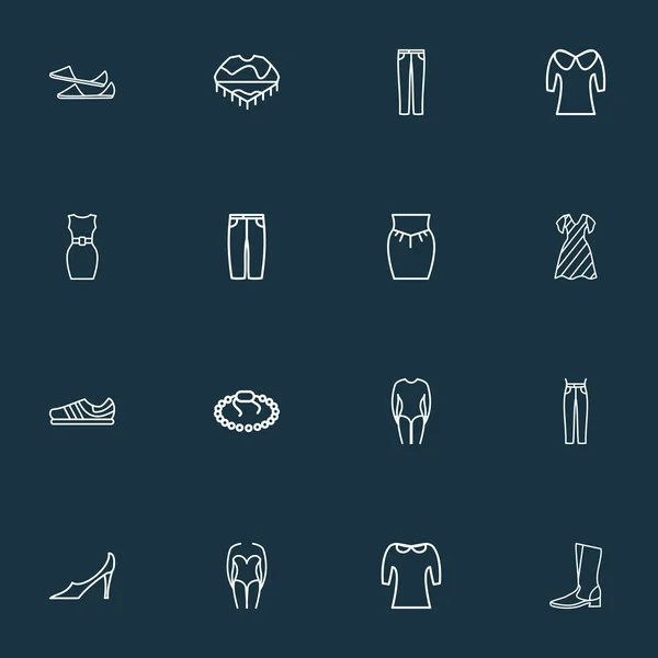 Stílusú ikonok vonaltípus beállítása szivattyú cipő, edző cipő, hosszú ujjú body, fürdőruha elemeivel. Elszigetelt illusztráció stílusú ikonok. — Stock Fotó