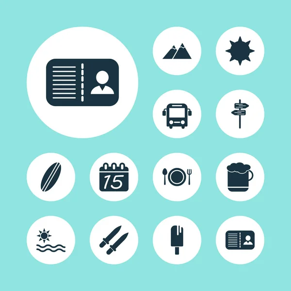 Tourism icons set with pointers, beer, certification and other signpost elements. Isolated  illustration tourism icons.