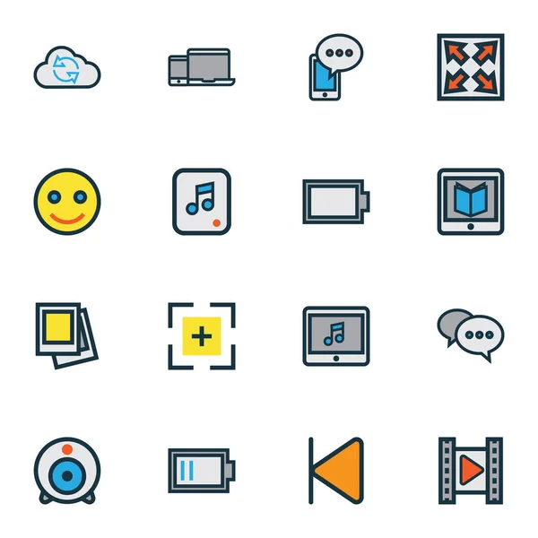 Ikon multimedia berwarna yang diset dengan emoji, baterai rendah, galeri dan elemen siaran lainnya. Ikon multimedia ilustrasi yang terisolasi . — Stok Foto