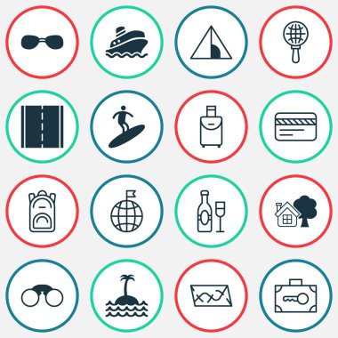 Turizm simgeler güvenli Bagaj, sırt çantası, alan gözlük ve diğer fotoğraf öğeleri ile ayarlayın. İzole vektör çizim Turizm simgeler.