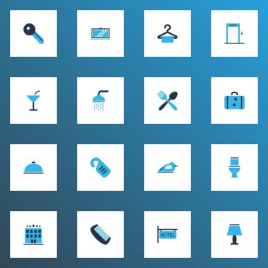 Tatil simgeler kümesi anahtar, yemek, tuvalet ve diğer wc öğeleri renkli. İzole vektör çizim tatil simgeler.