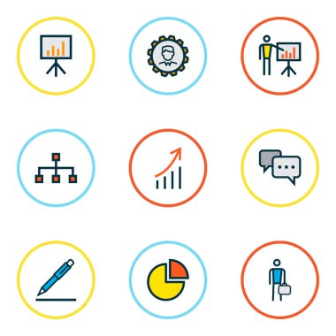 İş ikonları/simgeleri tanıtımı, yorum, mühendis ve diğer billboard sunum elemanları ile Ayarla satır renkli. İzole vektör illüstrasyon iş ikonları/simgeleri.