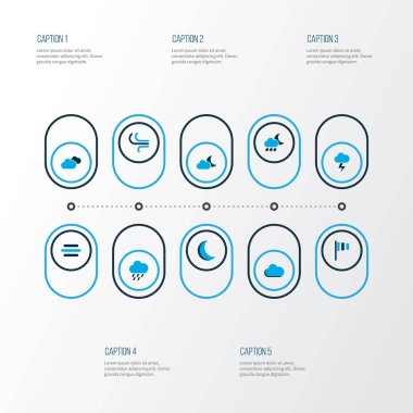 Hava simgeler kümesi esinti, Rüzgar, bayrak ve diğer sis öğeleri ile renkli. İzole vektör çizim hava simgeleri.