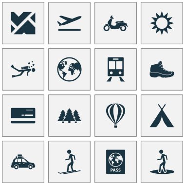 Simgeler seyahat sörfçü, tren, çadır ve pikap diğer öğeleri ile ayarlayın. Simgeler seyahat izole vektör çizim.