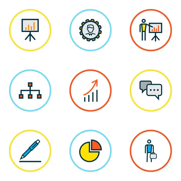 İş ikonları/simgeleri tanıtımı, yorum, mühendis ve diğer billboard sunum elemanları ile Ayarla satır renkli. İzole vektör illüstrasyon iş ikonları/simgeleri.
