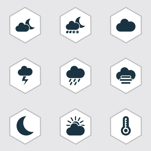 Iconos de aire con luz solar, media luna, termómetro y otros elementos nublados. Iconos de aire de ilustración de vector aislado . — Vector de stock