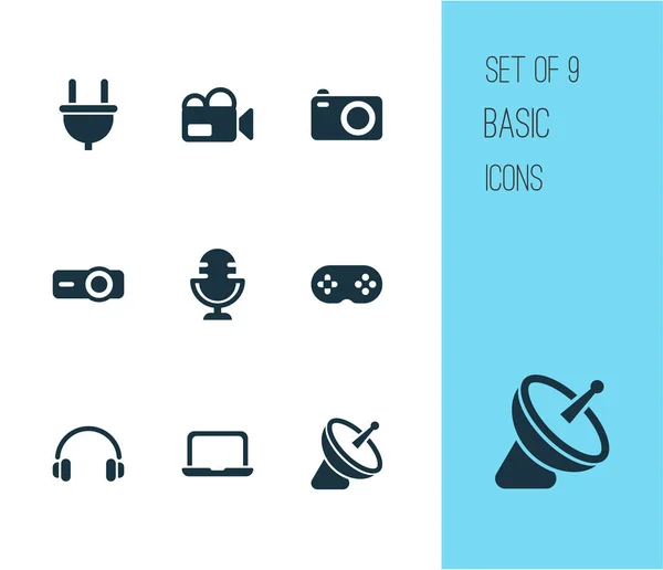 Conjunto de iconos Gadget con auriculares, laptop, cable y otros elementos de fotografía. Iconos de gadget de ilustración vectorial aislado . — Vector de stock